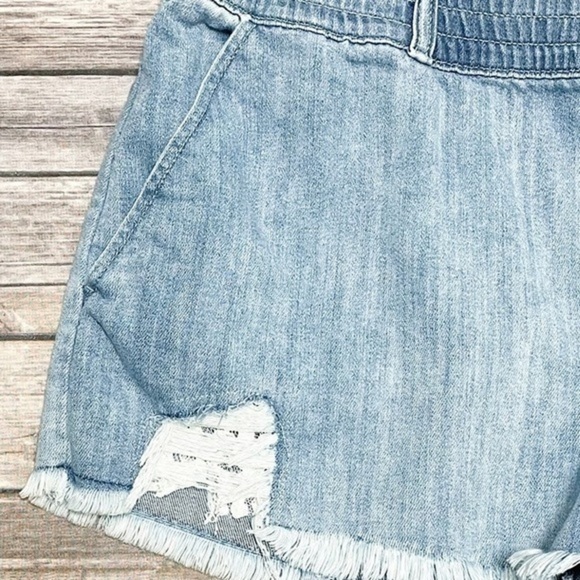 AERIE Denim Fringe Lace Distressed Shorts - Picture 6 of 6
